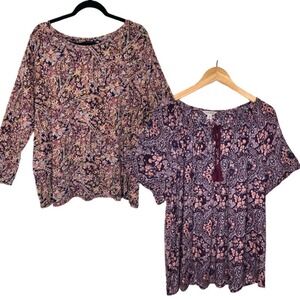 Lucky Brand Bundle Of 2 Tops Long Sleeve Short Sleeve Paisley Floral 2X Boho